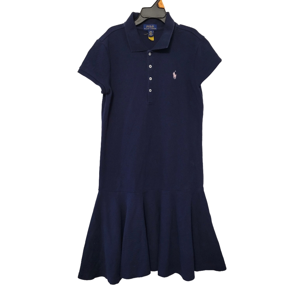 Polo Ralph Lauren Girls Navy Blue Short Sleeve Ruffle Hem Dress Size L 12-14